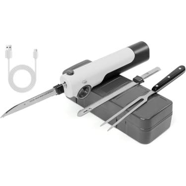 Imagem de TUMIDY Faca elétrica sem fio recarregável, faca elétrica para esculpir carnes, aves, pão, espuma de artesanato, garfo de servir incluído