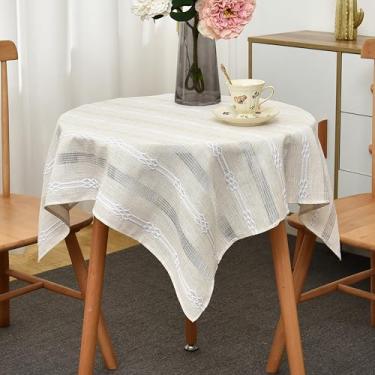 Imagem de Limalred Toalha de mesa quadrada pequena bordada listrada rústica, resistente a rugas de linho resistente a vincos, capa de mesa de cabeceira para decoração de mesa de cabeceira, 61 x 61 cm, bege