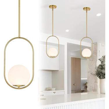 Imagem de Luminária pendente moderna para restaurante, luminária decorativa com cúpula esférica de vidro e aro de metal, abajur de cabeceira com altura ajustável. Ideal para corredores, entradas, vest