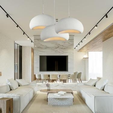 Imagem de Luminária pendente escandinava para ilha de cozinha japonesa, em tons de bege e branco, com aparência de concreto e cimento, estilo Wabi Sabi, com cúpula, lustre Wabi Sabi para sala de janta