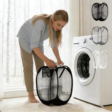 Imagem de Cesto de roupa suja dobrável durável com bolsos laterais de malha expansível e alças reforçadas