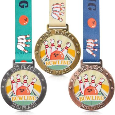 Imagem de Loetere 3 peças de medalha de prêmio 1º 2º 3º lugar troféu com fita ouro prata bronze troféu para torneios jogos de campo família (boliche)