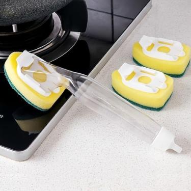 Imagem de Cabo de refil para varinha de louça sem arranhões, pacote de refil de varinha de louça, 3 cabeças de esponja de substituição, alça com dispensador, almofadas de escova dispensadora de lavagem de louça