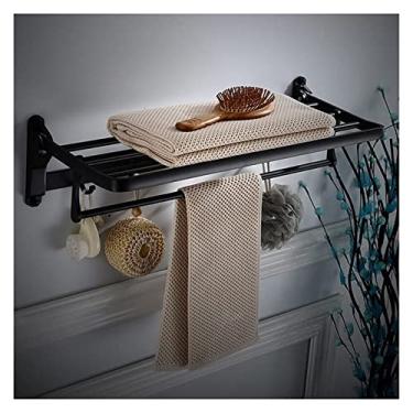 Imagem de 3FLQOOPP Toalheiro de Alumínio Suporte de Toalha de Banheiro, Toalheiro Dobrável, Suporte de Parede Toalheiro de Banho com Ganchos Suporte de Armazenamento de Toalhas Banheiro, Preto 50 cm