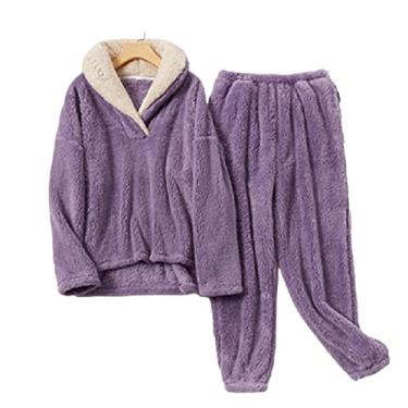 Imagem de HHHJQFAAT Pijama feminino feminino de inverno conjunto de pijama gola virada para baixo pijama de flanela quente roupa de casa (Style3 XXL70)