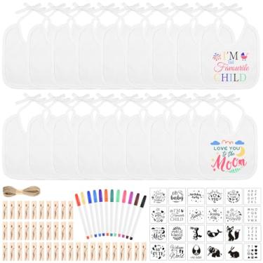 Imagem de BOUBONI Conjunto de 88 babadores de bebê DIY, inclui 18 babadores brancos, 12 marcadores de tecido, 24 estêncis, 33 prendedores de roupa, 1 corda de cânhamo para jogos de chá de bebê, meninos e