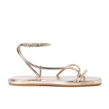 Imagem de STALOV Sandálias rasteiras femininas com tiras quadradas, bico aberto, couro, tira no tornozelo, sandálias rasteiras confortáveis para praia e verão, Champanhe, 38