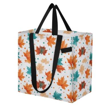 Imagem de SEHANY Sacola reutilizável de folhas de bordo aquarela com alças reforçadas, bolsa de compras de lona dobrável à prova d'água de grande capacidade para viagem, cozinha, praia