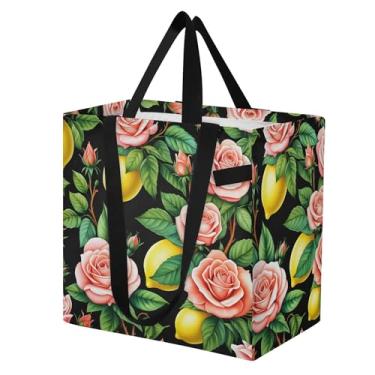Imagem de SEHANY Sacolas de compras reutilizáveis de verão limão com alças reforçadas, bolsa de compras de lona dobrável à prova d'água de grande capacidade para viagem, cozinha, praia