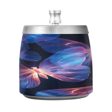 Imagem de STAYTOP Lindo cinzeiro de borboleta azul dourado com tampa, aço inoxidável à prova de vento, sem fumaça, cinzeiro grande para uso ao ar livre para decoração de escritório em casa