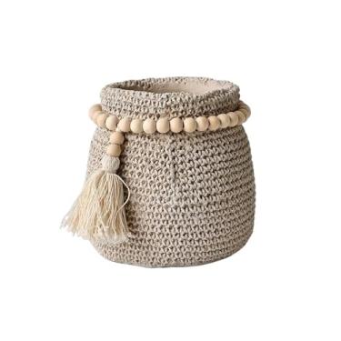 Imagem de KHUTRW3D Plantador com bolsos de textura de crochê para alívio de plantas, boca de lavatório com contas de madeira removíveis, vaso de cimento com orifício de drenagem, para sala de estar, varanda