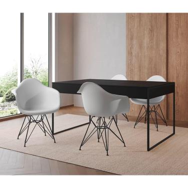 Imagem de Mesa Jantar Industrial Preta 137X90Cm Com 4 Poltronas Brancas Base Ferro Pre Cor: Preto
