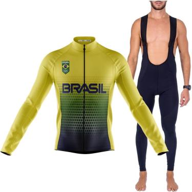 Imagem de Kit Bretelle Gel 3D Camisa Brasil Manga Longa Ciclismo Proteção Uv-Masculino