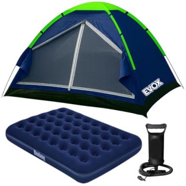 Imagem de Kit Barraca Camping 4 Pessoas Porta Dupla + Colchão Inflável Casal Resistente + Bomba de Ar