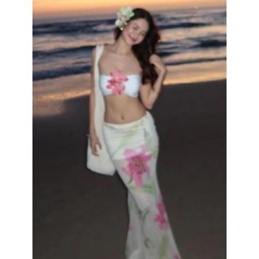 Imagem de Conjunto De Praia Para Mulheres Com Top Mini Em Estampa De Flores 3D E
