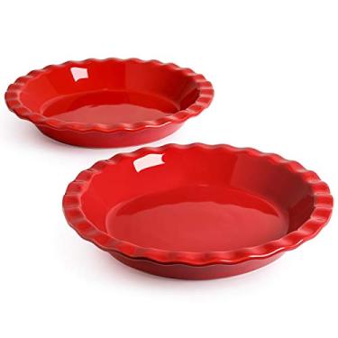 Imagem de LE TAUCI Ceramic Pie Pans for Baking, Placa de torta de 22,86 cm para Apple Pie, Torta de Pecão, Bandeja de torta de peixe profunda de 91,44 g, conjunto com 2, Vermelho