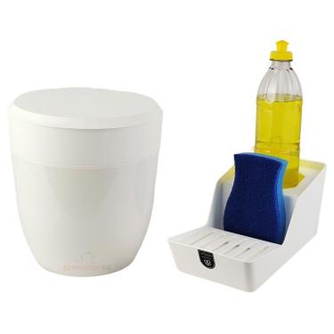 Imagem de Kit Cozinha Lixeira 2,5L Organizador De Pia Porta Detergente Branco - Crippa