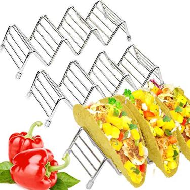 Imagem de Suporte para taco – Pacote com 3 suportes para tacos de aço inoxidável/conchas/bandeja (bônus: e-book, espátula) Espaço para 9 a 12 peças de casco rígido e macio | Presente incrível para festas divertidas de confeiteiras | Seguro no forno