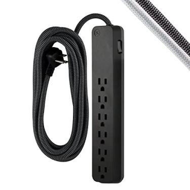 Imagem de GE Protetor contra sobretensão de 6 tomadas, cabo de extensão trançado de 2,3 m, tira de energia, 840 Joules, plugue plano, listado pela UL, preto, 62931