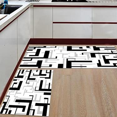 Imagem de Tapete de corredor de cozinha, padrão geométrico moderno preto cinza branco antiderrapante tapete tapetes de porta tapete para lavanderia cabeceira banheiro quarto conjunto de 2