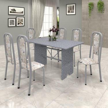 Imagem de Conjunto de Mesa 140x75cm Tampo Granito com 6 Cadeiras Lavínea Soma Móveis Martelado Pérola/Ocre/Botanic Bege