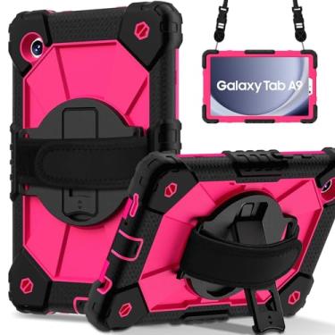 Imagem de Capa compatível com Samsung Galaxy Tab A9 22.1 cm SM-X110/X115/X117 capa para tablet, suporte multifuncional giratório de 360 graus + alça de ombro capa protetora à prova de choque (cor: preto + rosa