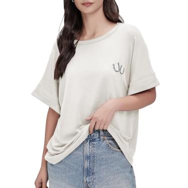 Imagem de AMIMIV Camisetas femininas grandes de verão de manga curta bordadas, folgadas, casuais, camisetas estampadas básicas, Off-white, GG