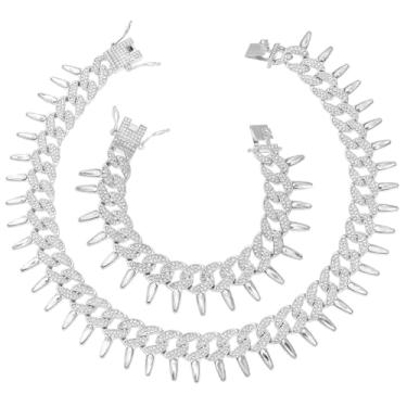 Imagem de HH BLING EMPIRE Conjunto masculino de colar e pulseira de elos cubanos, banhado a ouro, prata, diamante, Miami cubano, corrente de elos cubanos, joias hip hop, 20", Zinco, diamante falso