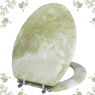 Imagem de Assento de vaso sanitário alongado de madeira natural com dobradiças de liga de zinco, fácil de instalar, também fácil de limpar, assento de vaso sanitário de mármore anti-aperto por Angol Shiold (alongado, mármore verde)