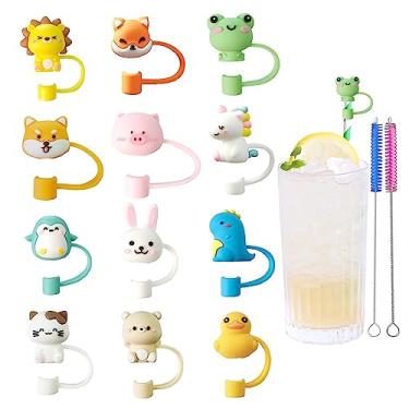 Imagem de 12 capas de palha fofas para copo Stanley, tampa de palha de silicone RENUIS para copos, tampas de pontas de canudo reutilizáveis portáteis para beber, plugues canudos à prova de poeira para canudos de 6-8 mm (tema de animais)