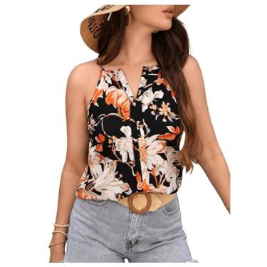 Imagem de MakeMeChic Blusa feminina de verão com estampa floral, sem mangas, frente única, gola V, Preto, P