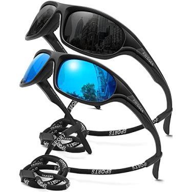 Imagem de AWGSEE Óculos de sol esportivos polarizados para homens, TR90 com armação inquebrável para pesca, condução, ciclismo, proteção UV400, Pacote com 2, preto + azul claro, 60mm