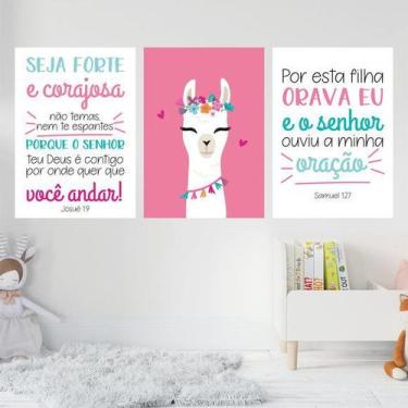 Imagem de Kit 3 Quadros Lhama Frases 33x24cm - Quadros On-line, Madeira preta