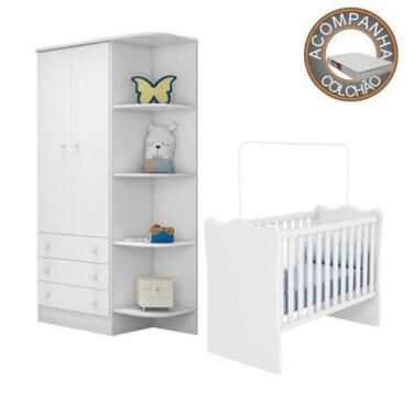 Imagem de Quarto de Bebê Berço Colchão Light e Guarda Roupa Doce Sonho Branco Qm