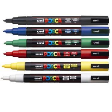 Imagem de Kit 6 Posca PC-3M Branca, Preta, Azul, Verde, Verm, Amarelo - Uni-ball