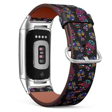 Imagem de Pulseira de relógio de couro de substituição para Fitbit Charge 5/Fitbit Charge 6 (Day Dead Colorido Sugar Skull) Pulseira para Smartwatch para mulheres e homens