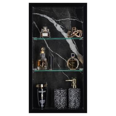 Imagem de Nicho Em Porcelanato Polido Para Banheiro Com Prateleira De Vidro (Preto Marmorizado)