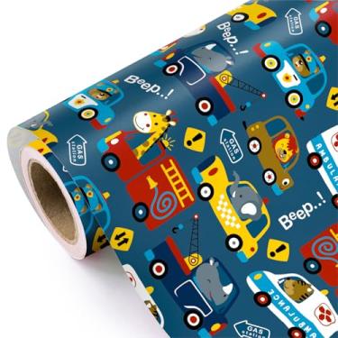 Imagem de WRAPAHOLIC Rolo de papel de embrulho de carro jumbo - 76 cm x 80 cm - adorável design de animais de caminhão de bombeiros de polícia, perfeito para crianças, meninos, aniversário, chá de bebê