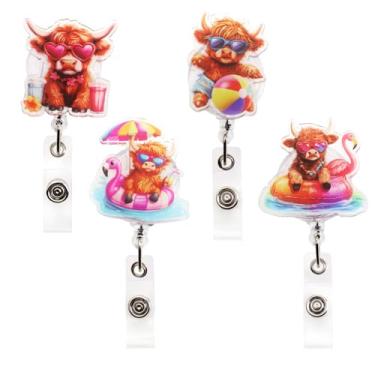 Imagem de Cheerupp Carretel de crachá de vaca Highland de verão com clipe de jacaré giratório e cordão retrátil, flamingo bonito vaca acrílico porta-cartões de identificação acessórios para professores,