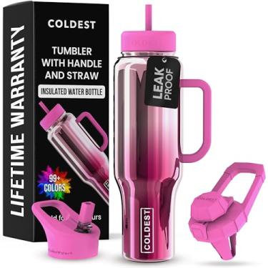 Imagem de Copo Coldest com alça e canudo - Copo 100% à prova de derramamento com canudo (3 tampas) - Copos isolados de aço inoxidável à prova de vazamento para mulheres e homens - Adequado para porta-copos
