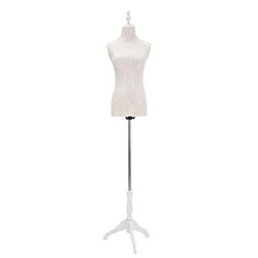 Imagem de CUTPOIY Manequim feminino em forma de vestido branco, manequim com tripé de madeira, altura ajustável 129 cm - 177 cm para roupas de costura, exibição de vestido interessante (sem braços pequenos)