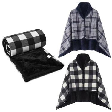 Imagem de Cobertor xadrez vestível pacote com 2, poncho confortável de lã com botões, cobertores sem mangas para cama, sofá, escritório, Conjunto 1, 55''×39''