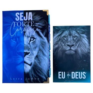 Imagem de Kit Bíblia Jumbo + Eu e Deus Leão Azul seja forte e corajoso Abas ades
