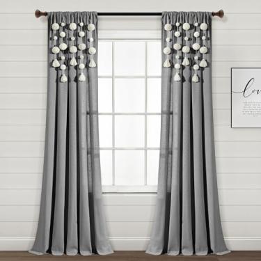Imagem de Lush Decor Boho Pom Pom Tassel Linen Textured Window Curtain Panel, Single 132.1 cm L x 213.4 cm C Cinza -