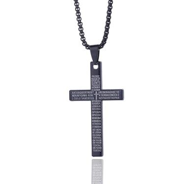 Imagem de O'rengela Colar masculino de cruz com oração do Senhor, aço inoxidável, preto, gravado, cruz cristã, colar masculino com pingente de cruz cristã, 18.9 Inches, Metal, Sem Pedra Preciosa