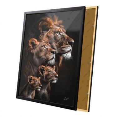Imagem de Quadro Família de Leões Pai Mãe e Filhos Moldura e Vidro - Complet Cas