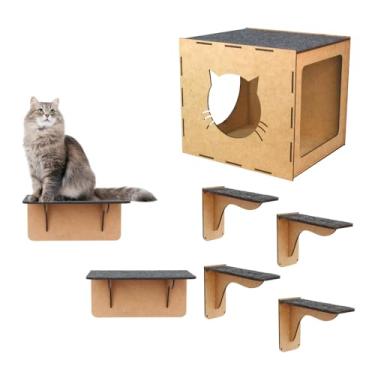 Imagem de BOXFAN Kit Brinquedo Para Gato, 7 Peças em Mdf Com Carpete, Nicho, Prateleira, Degraus Escadinha, Parquinho de Gatos. Brinquedo Pet de Parede Suspenso