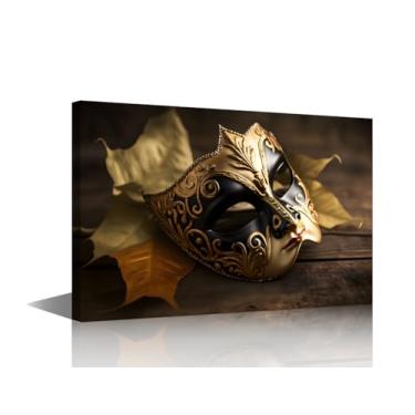 Imagem de Arte de parede emoldurada linda máscara veneziana imagens impressas em tela folhas de outono para sala de estar quarto decoração esticada emoldurada embrulhada em galeria pronta para pendurar 45,7 x