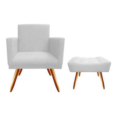 Imagem de Kit Poltrona Decorativa Nina + Puff Retangular Suede Branco Pés Madeir
