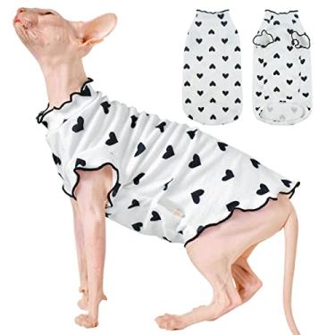 Imagem de DENTRUN Camiseta Sphynx com estampa de coração, gatos sem pelos, camisetas de gatinho com mangas Perlin, roupa de gato respirável, suéter fofo, adorável roupa de gato sem pelos, colete pijama macacão